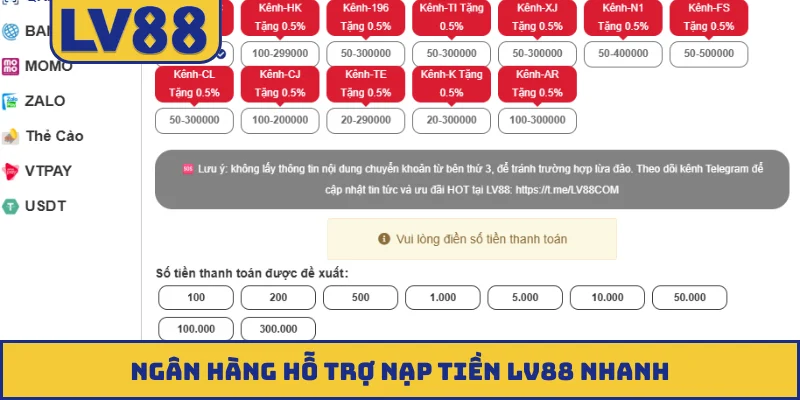 Ngân hàng hỗ trợ nạp tiền LV88 nhanh